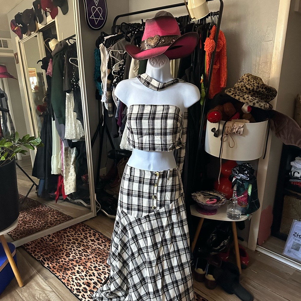 Free People Black and White Plaid Skirt Set